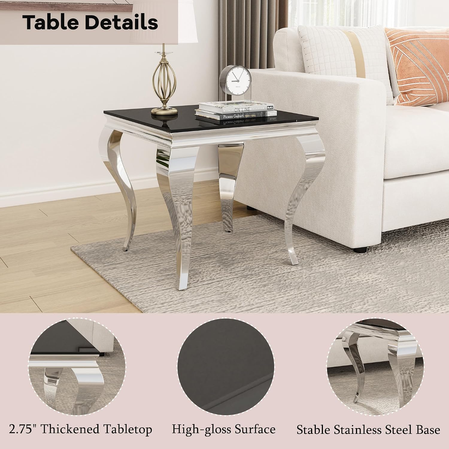 22.8 Inch Glass End Table, Modern Small Square Side Table with Black Tempered Glass Top and Silver Stainless Steel Legs, for Living Room, Bedroom, Apartment