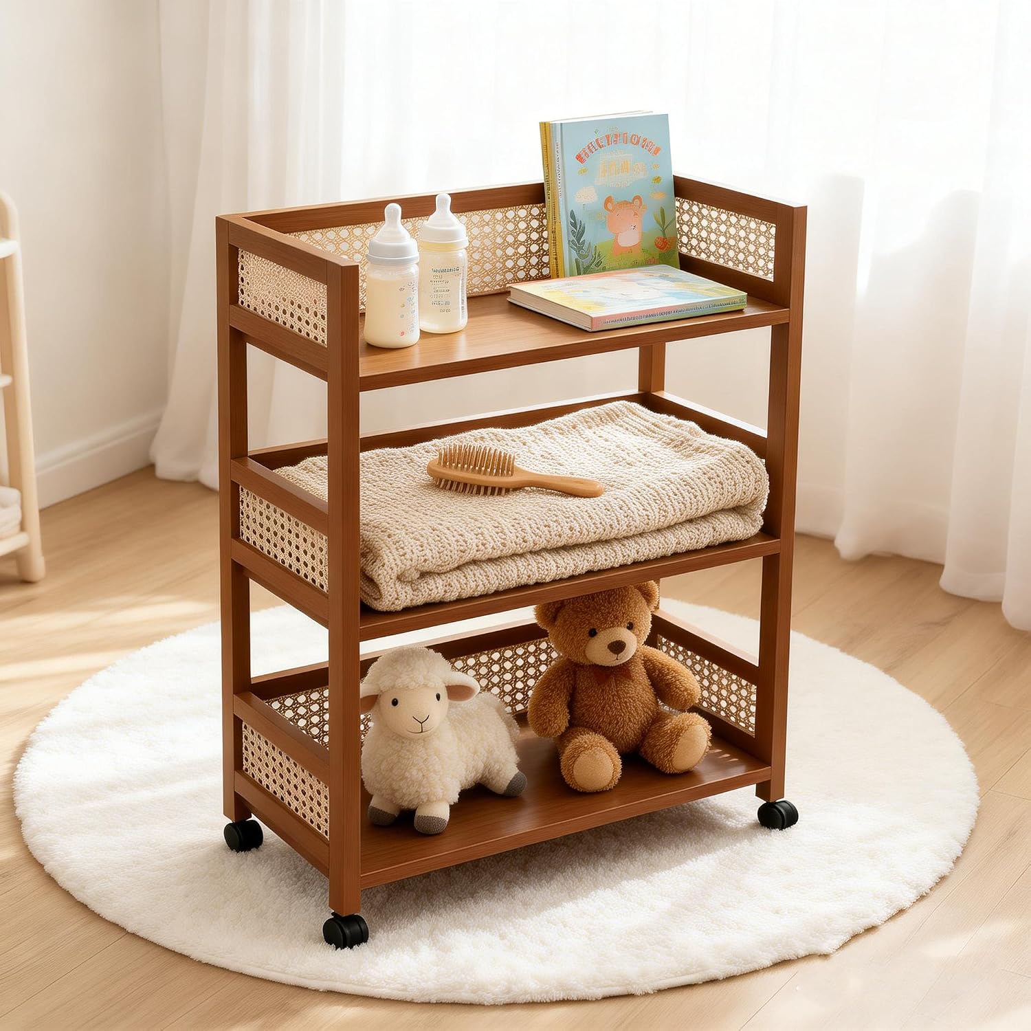 Rattan Side Table with Universal Wheels,Vintage Style Movable Coffee Table, Small Sofa End Table,for Living Room Kitchen Bar Bedroom Office Bathroom