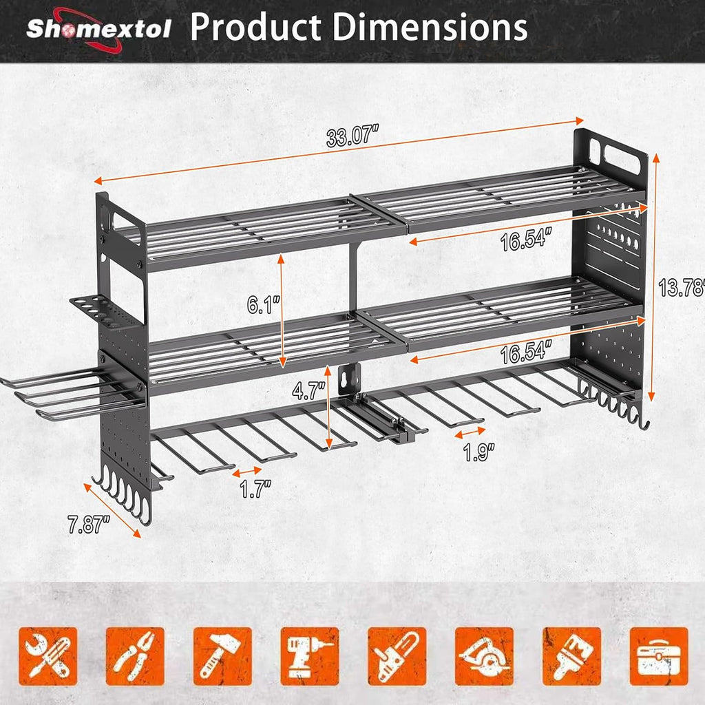 33" W Power Tool Organizer Wall Mount,Heavy Duty Cordless Tool Organizer with 10 Drill Holder, 300 Lbs Capacity 3-Layer Garage Organization for Garage and Workshop (Black)