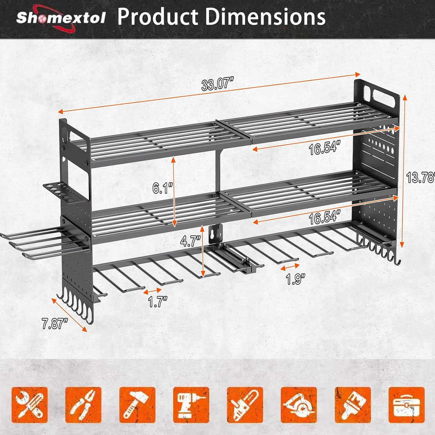 33" W Power Tool Organizer Wall Mount,Heavy Duty Cordless Tool Organizer with 10 Drill Holder, 300 Lbs Capacity 3-Layer Garage Organization for Garage and Workshop (Black)