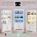 2pc Wood Display Cabinet with Glass Doors, 69" Tall Curio Cabinet with LED Lights, Glass Display Case with Storage and 3 Shelves for Living Room, (White-2)
