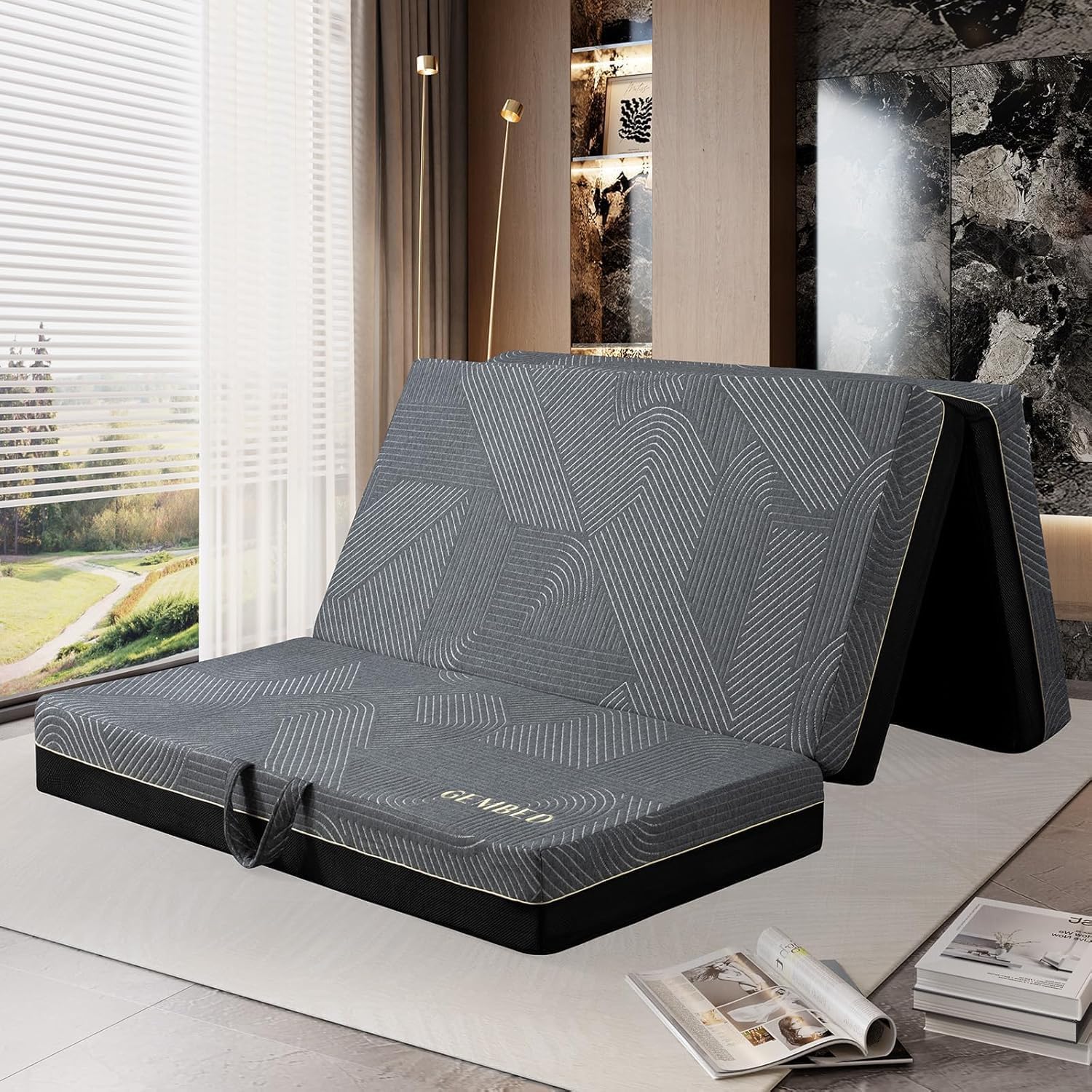 GEMBED Tri Folding Mattress Queen Size - Memory Foam Tri-fold Handle & Non-Slip Bottom, Portable Foldable Sofa Bed Floor Chair for Travel RV Camping Guest Yoga - 6 Inch, 78"x58"x6"