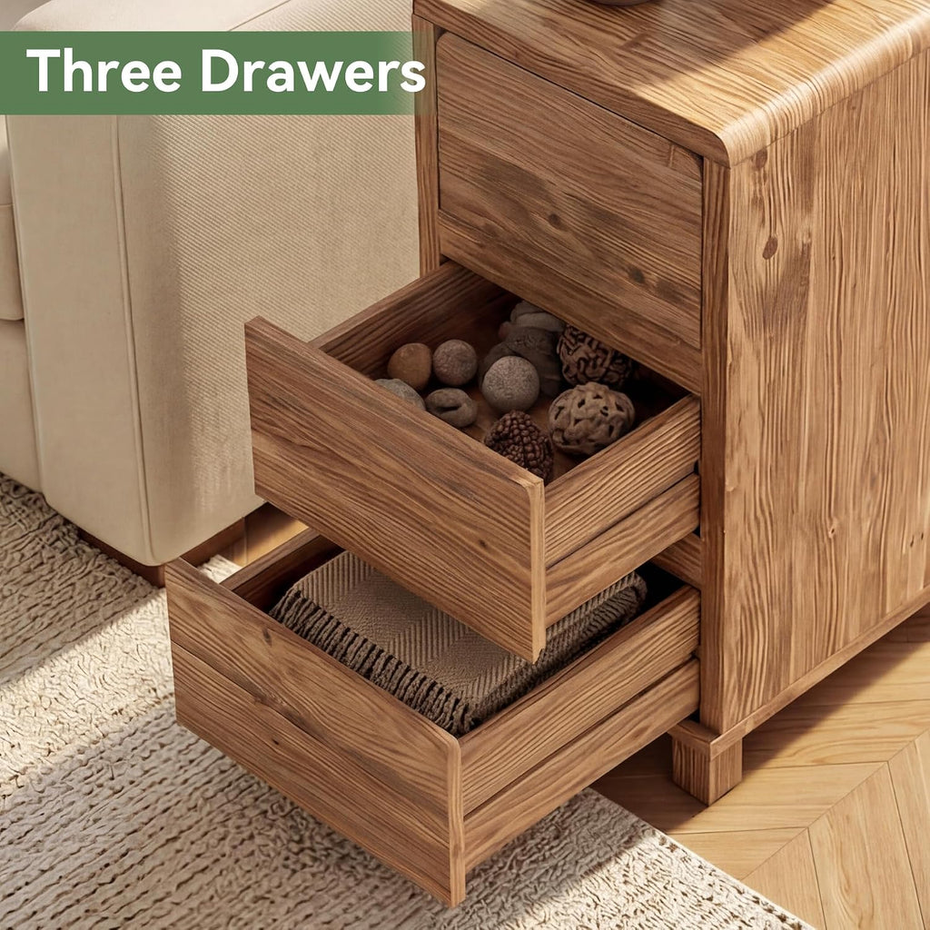 Set of 2 3 Drawers Solid Wood Side End Table for Living Room, Rustic Farmhouse Narrow Sofa Tables with Storage for Small Space, Bed Side Tables Bedroom