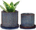 DILATATA Set of 2 Ceramic Planter Pots with Drainage Hole and Saucer, Round Flower Pot Hobnail Modern Planter Pots for Indoor & Outdoor Plants - 4 Inch & 6 Inch, Blue