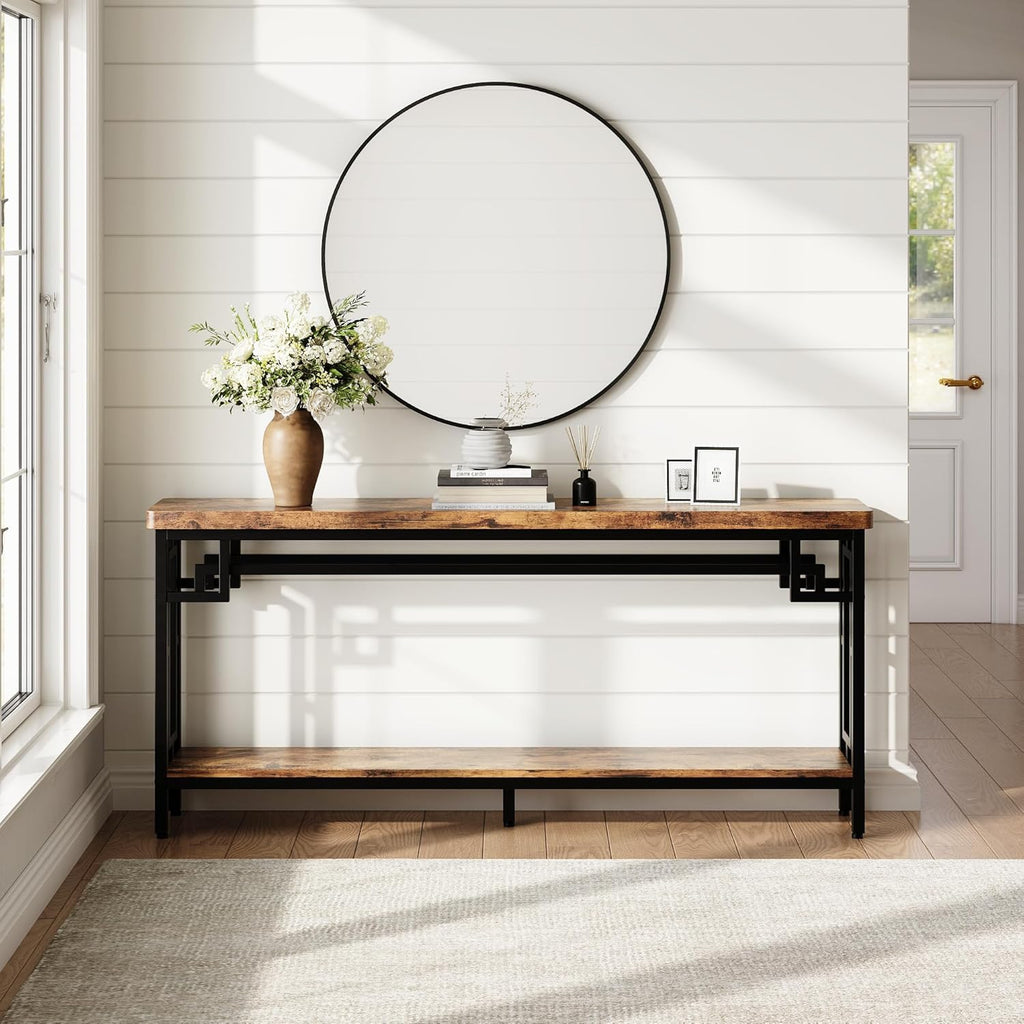 IRONCK 70.9" Long Console Table, 2-Tier Long Narrow Console Table Behind Couch for Display with Central Support Frame, Industrial Long Entryway Table for Entryway and Living Room