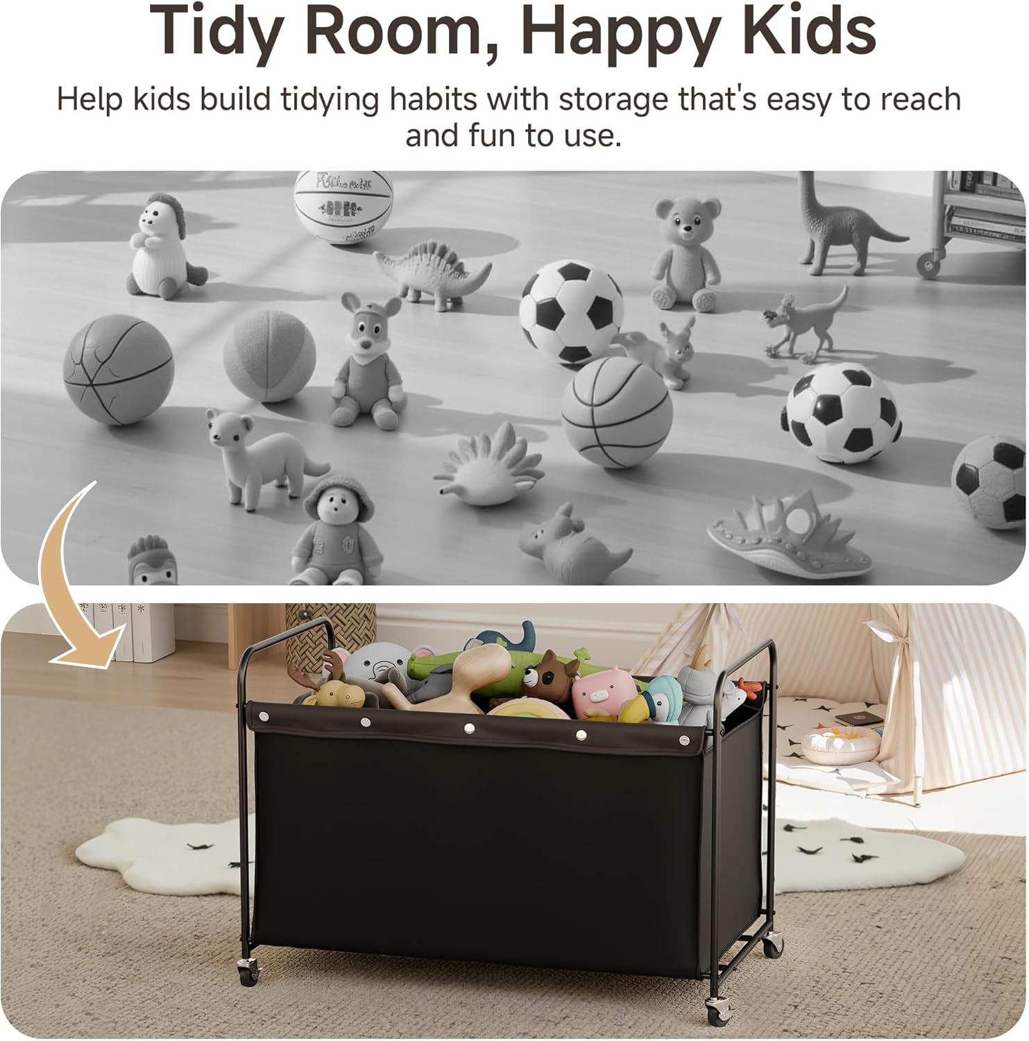 StorageWorks Toy Box with Wheels for Kids, 200L Extra Large Toy Storage Chest and Organizer, 27.5" Metal Toybox with 360° Swivel Wheels for Bedroom, Kids Room, Stuffed Animal Storage, Black