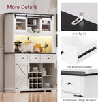 71" White Oak Coffee Bar Cabinet with Internal Storage Rack, Farmhouse Large Kitchen Hutch with Hutch Wine Glasses Rack, 3 Drawers, Sliding Door, Power Outlet, Buffet Storage Table, Cafe