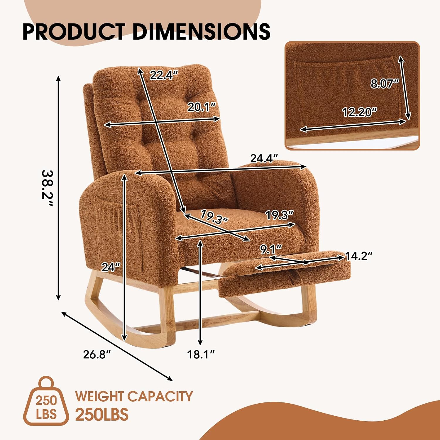 NIOIIKIT Modern Nursery Rocking Chair with Footrest, Teddy Upholstered Recliner Glider Chair with Diamond Shape Back, Tufted Rocking Chair with Side Pocket, Cozy Rocker Reading Chair (Brown)