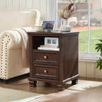 SAVOR LIFE Farmhouse Nightstand with Charging Station, Walnut | End Tables Bedroom with 2 Drawers, Traditional Night Stand with Open Shelf & Thickened Top & Square Wooden Legs