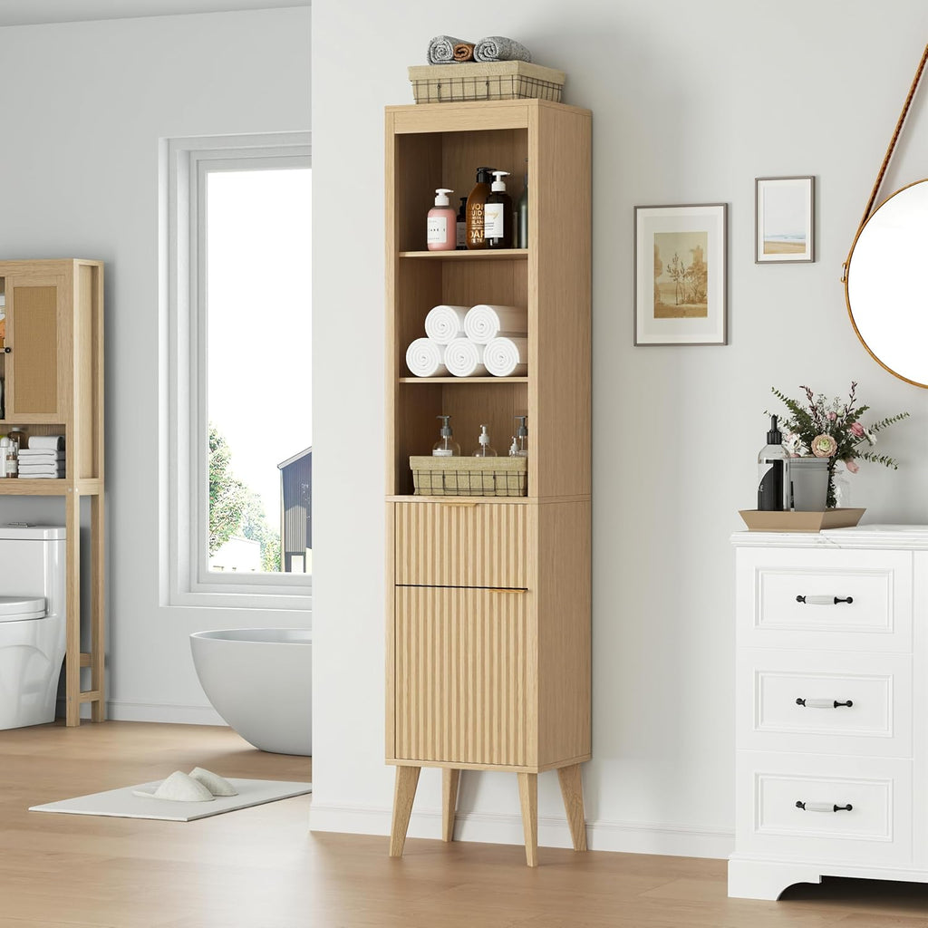 70" H Tall Storage Cabinet, Fluted Freestanding Floor Organizer for Bathroom, Kitchen Pantry, Utility Room, w/Drawer & Adjustable Shelves, Modern Accent in Natural Wood