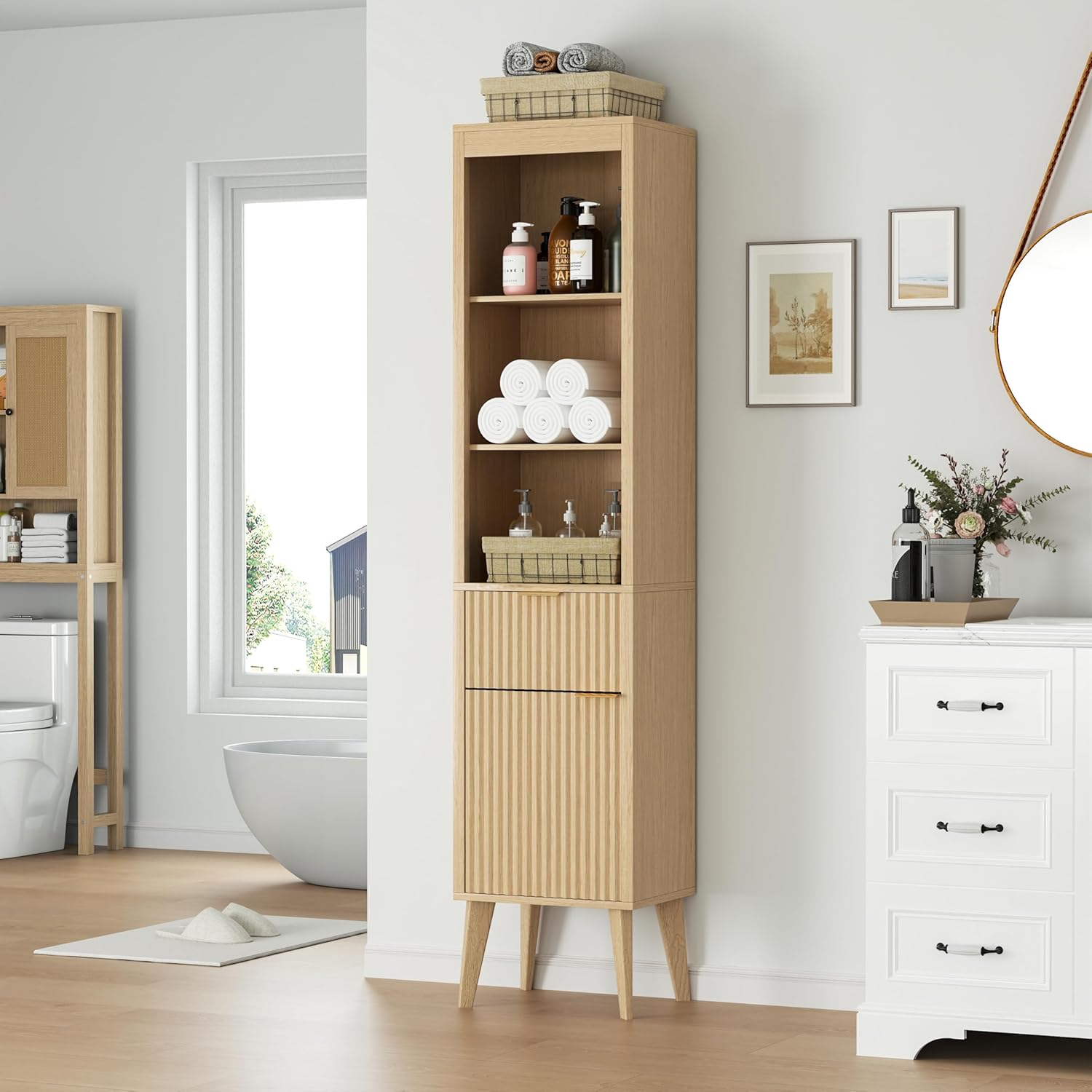 70" H Tall Storage Cabinet, Fluted Freestanding Floor Organizer for Bathroom, Kitchen Pantry, Utility Room, w/Drawer & Adjustable Shelves, Modern Accent in Natural Wood