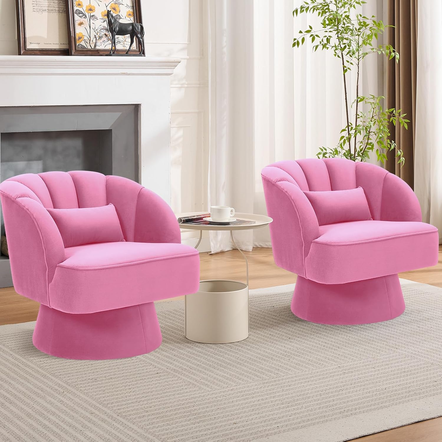 GarveeHome Modern 360° Swivel Velvet Barrel Accent Armchair – Striped Backrest & Plush Padding, Comfy Round Lounge Chair for Living Room, Bedroom, Reading Nook