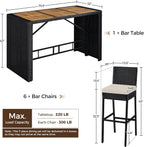 Yaheetech 7 Piece Patio Dining Set Outdoor Acacia Wood Bar Table and Chairs with Removable Cushions, Wicker Furniture Set for Deck, Backyard, Garden, Black/Beige