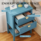 22" Blue Nightstand with 2 Storage Drawers Bedside Table with Open Shelf Modern Wood End Table for Bedroom Room Gold Handles