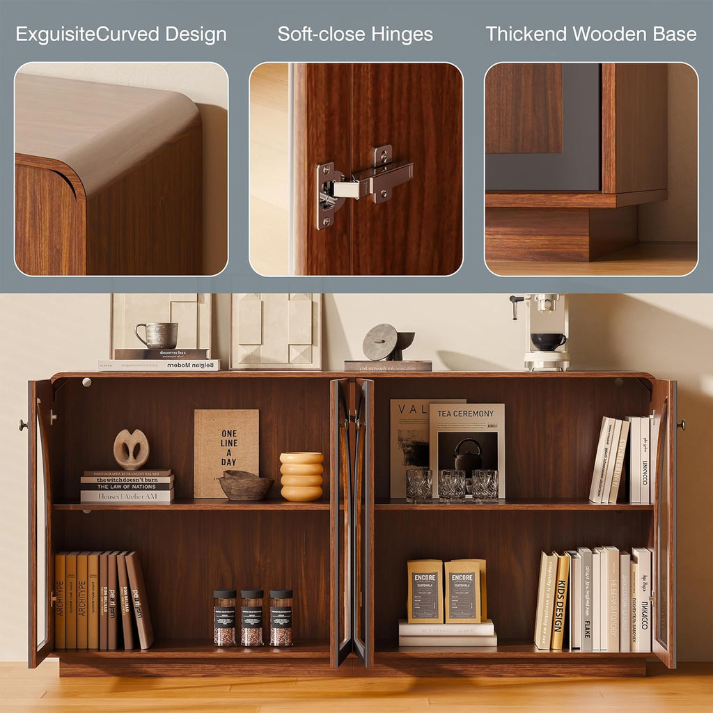 Sideboard Buffet Cabinet with Storage, Credenza Storage Cabinet for Living Room, Walnut Sideboard Wooden Accent Cabinet, Modern Coffee Bar Console Cabinet Walnut Buffet Cabinet with Arched Glass Doors