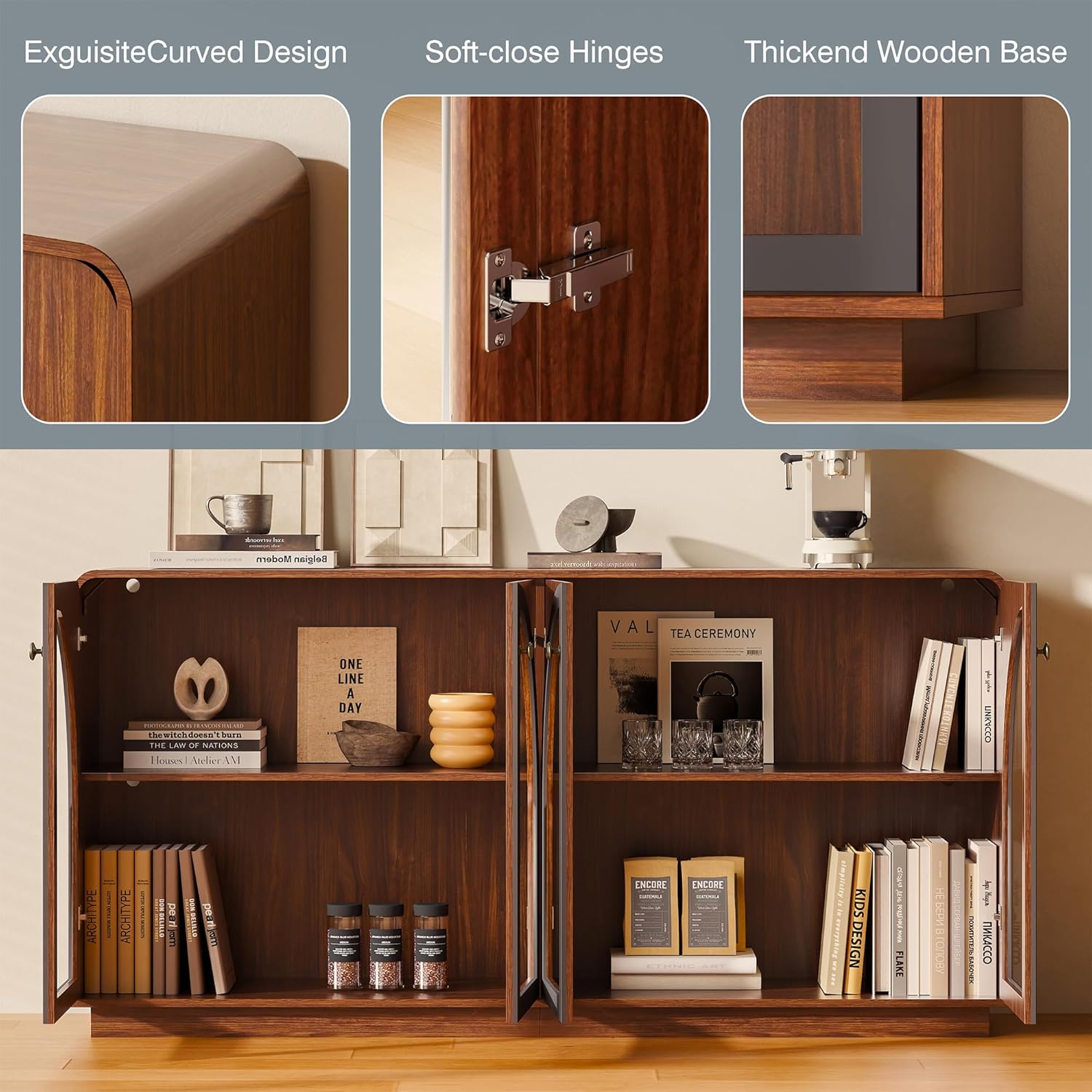 Sideboard Buffet Cabinet with Storage, Credenza Storage Cabinet for Living Room, Walnut Sideboard Wooden Accent Cabinet, Modern Coffee Bar Console Cabinet Walnut Buffet Cabinet with Arched Glass Doors