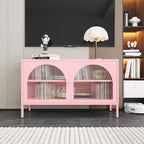 2 Door Metal Accent Storage Cabinet for Music Studio,Living Room,Home,Hotel,Office,2-Tier Steel Storage Locker TV Stand (Translucent Door, New Pink)