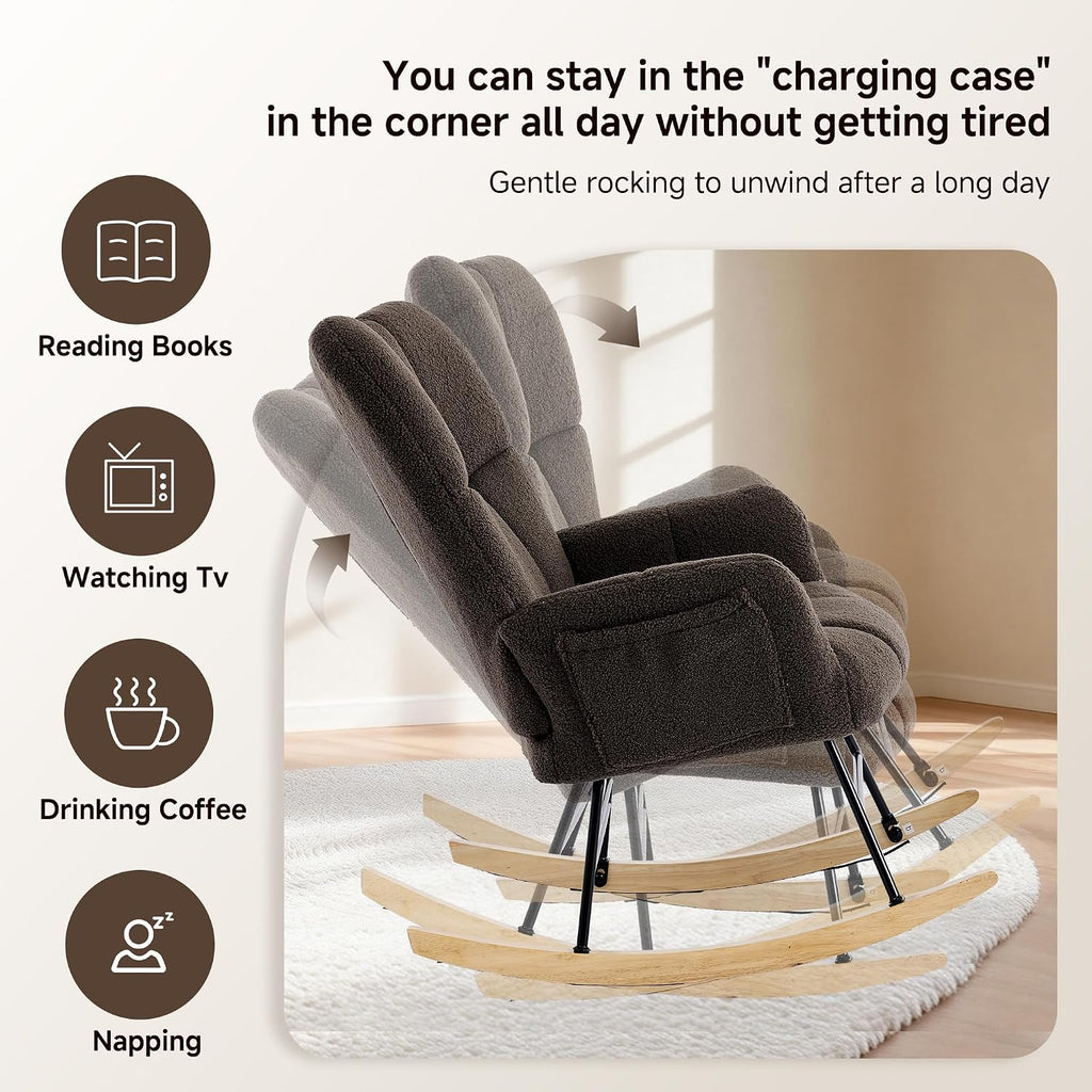 KEEZY Nursery Rocking Chair with Footrest,Teddy Upholstered Glider Rocker Rocking Accent Chair Padded Seat with High Backrest Armchair Comfy Side Chair for Living Room Bedroom (Teddy)