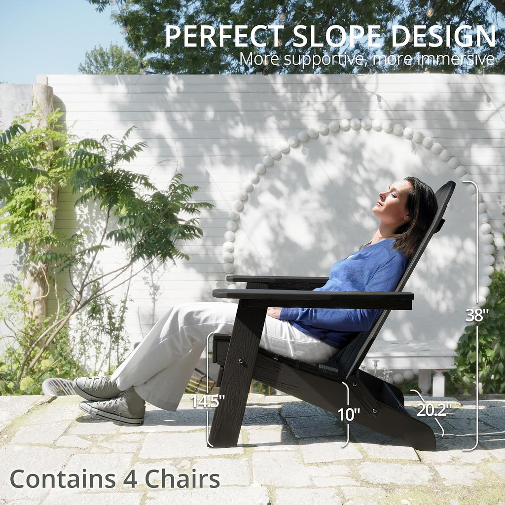 LUE BONA Folding Adirondack Chair Set of 4, Black HDPS Fire Pit Patio Chairs Weather Resistant, Modern Plastic Outdoor Chairs with Cup Holder