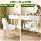 GREENSTELL Vanity Stool Chair with Storage and Folding Back, 13.4" x 15" x 30" Square Faux Fur Soft Ottoman, 4 Metal Legs with Anti-Slip Feet, Furry Padded Seat for Makeup, Bedroom, White