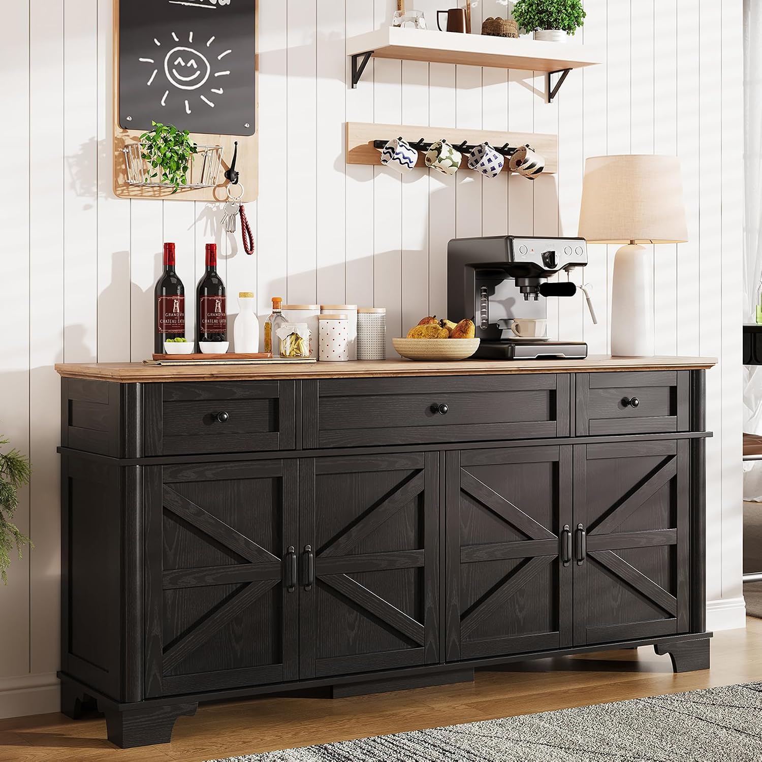 BestHaped 65 Inch Farmhouse Buffet Cabinet with Storage, Black Sideboard Buffet Cabinet with Adjustable Shelves & 3 Drawers, Buffet Table Coffee Bar Wine Bar Storage for Kitchen & Living Room
