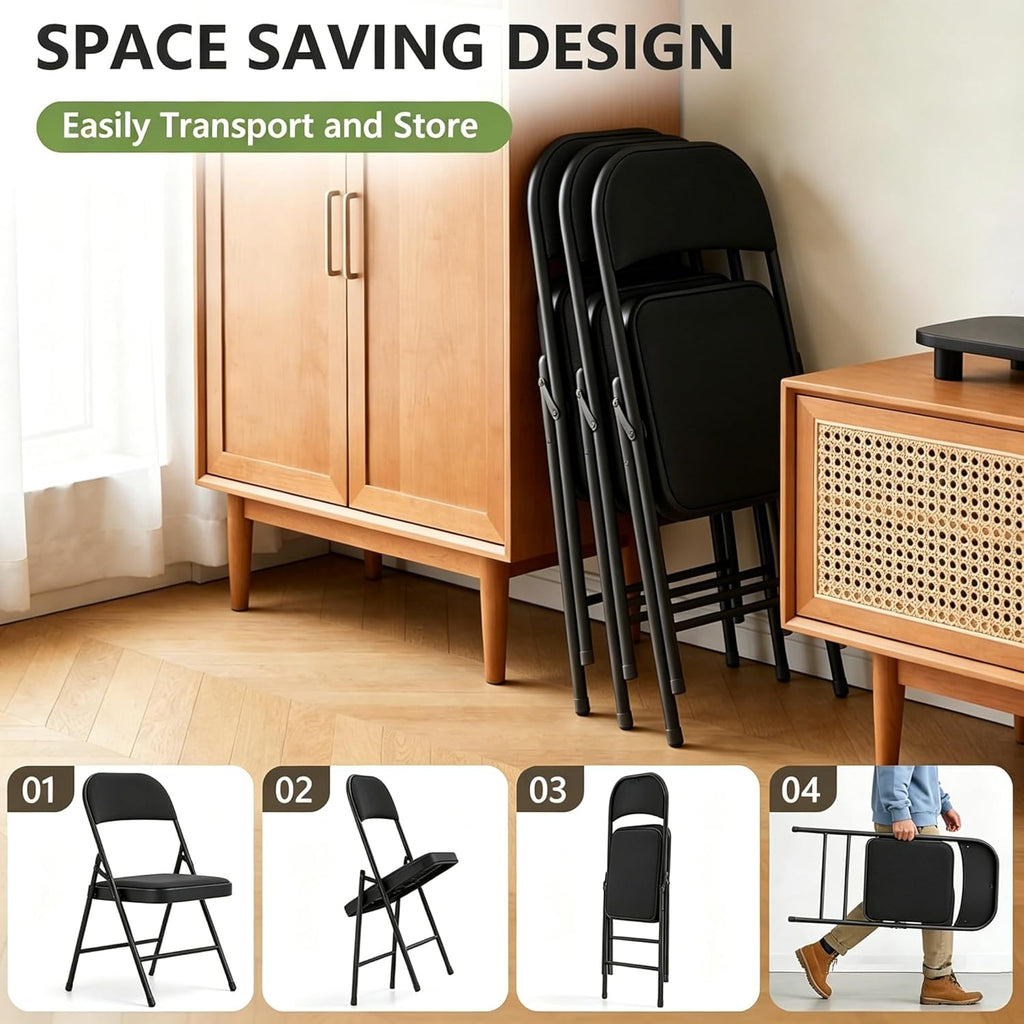 4 Pack Black Folding Chairs with Padded Seats, Office Guest Reception Chair, Breathable Foldable Chair for Indoor and Outdoor, Portable Stackable Commercial Seat for Bedroom Patio Party Event