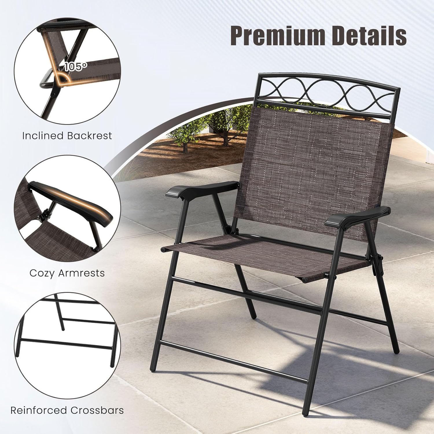 Giantex Set of 4 Patio Folding Chairs, Outdoor Dining Chairs for Camping, Beach, Backyard, Deck, Portable Dining Chair w/Armrest and Metal Frame, 4-Pack (Dark Brown)
