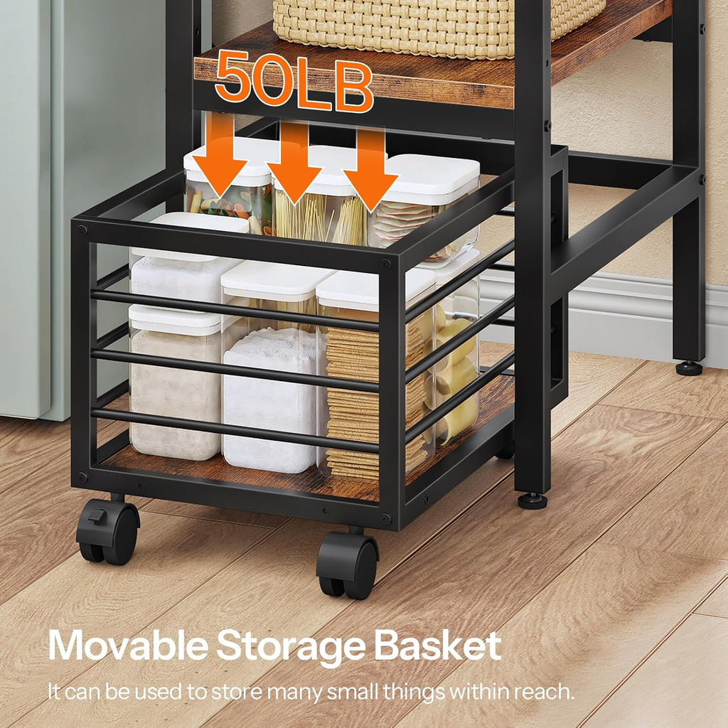 HOOBRO Mini Fridge Stand, Coffee Bar Station with Mini Fridge Space, Bakers Rack with Wine Rack, Mini Fridge Cabinet with Mobile Basket, for Kitchen, Living Room, Rustic Brown and Black BF04BX01