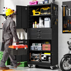 Garage Wall Cabinet, Wall Mounted Cabinet with Up-flip Door and Adjustable Shelf for Garage, Tool Room, Kitchen, Assembly Required (Black, 71''H-2 Doors & 2 Drawer)