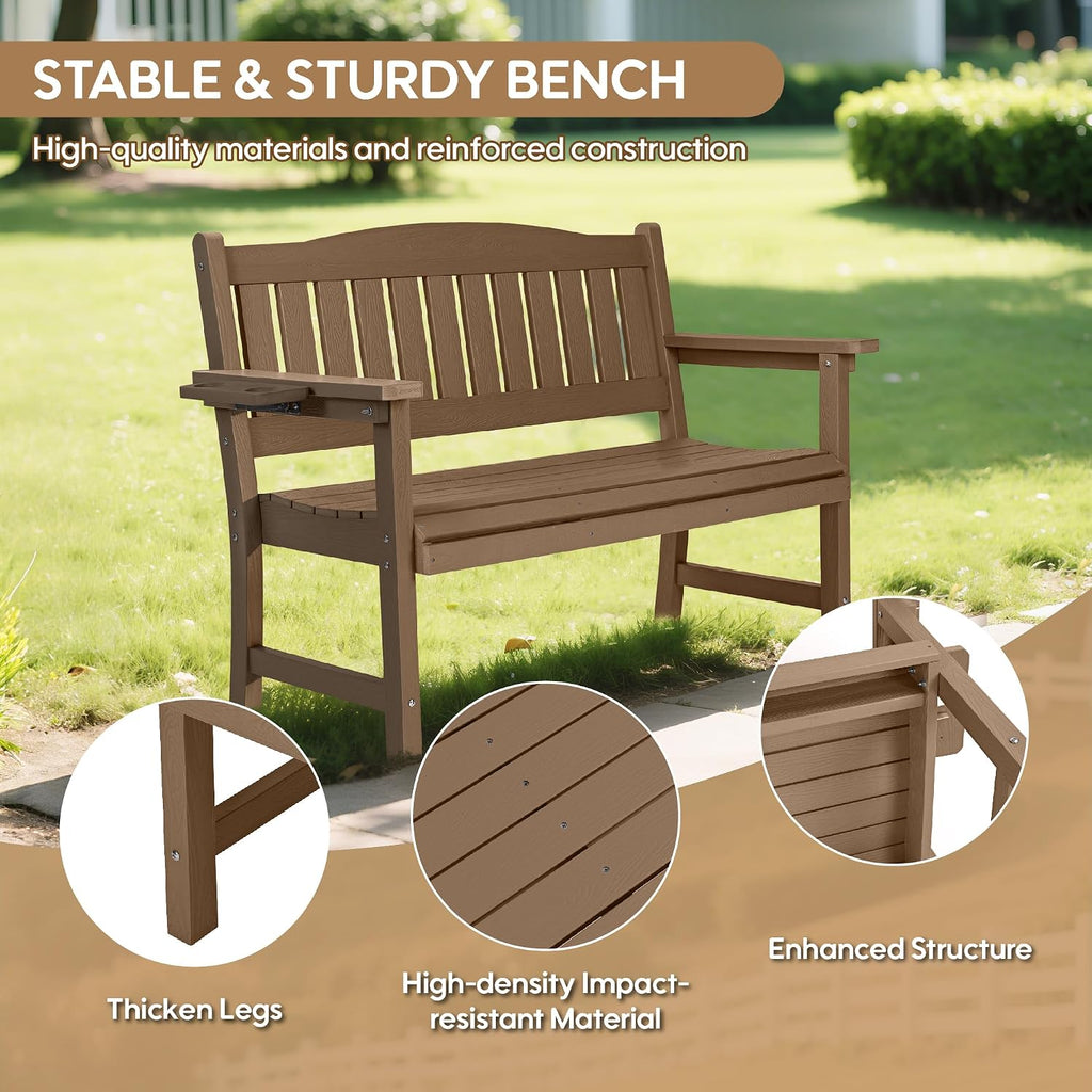 2-Person HIPS Outdoor Benches, Weatherproof Garden Bench with 800 lbs Weight Capacity, Artificial Wood Grains, Never Rot or Fade, Patio Benches for Garden, Porch, Balcony, Backyard,Park, Brown, 1 Pack