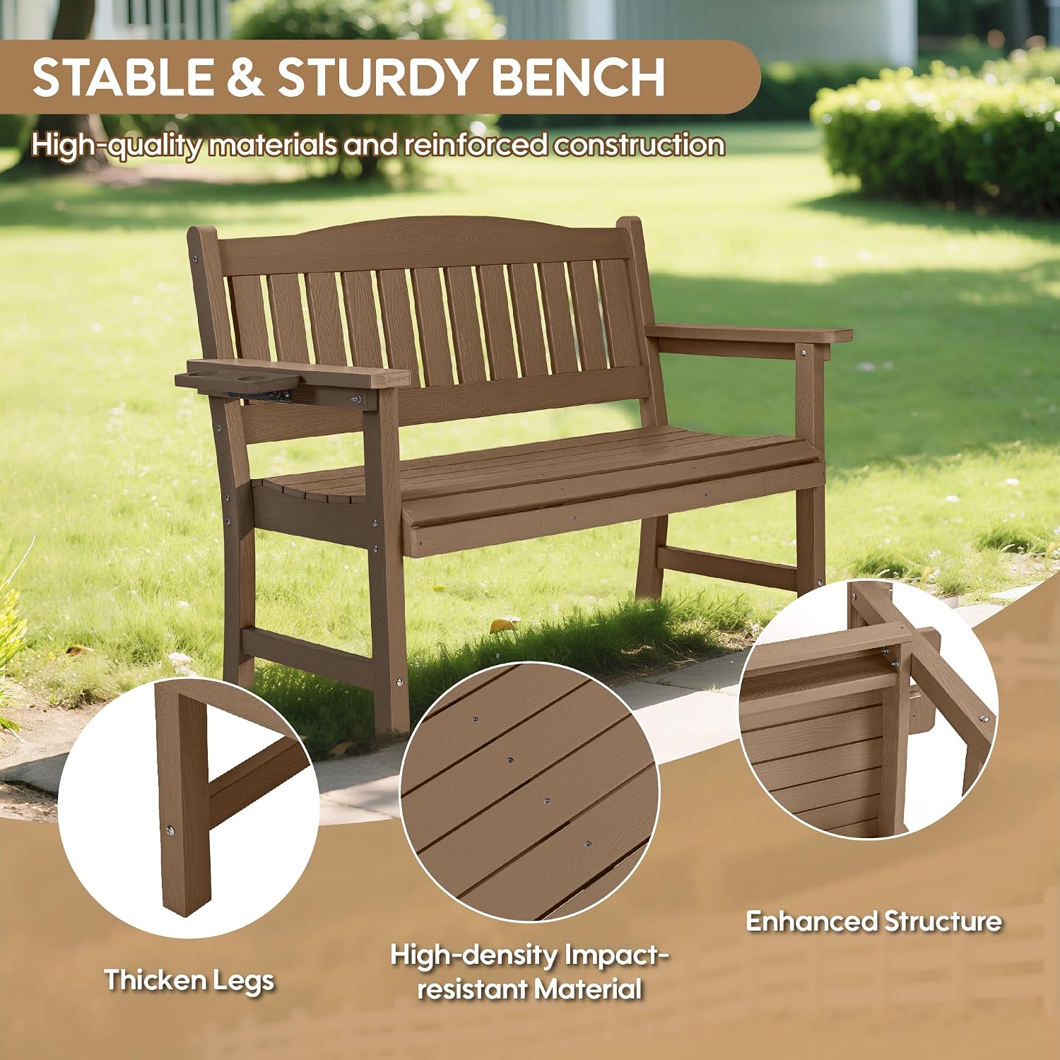 2-Person HIPS Outdoor Benches, Weatherproof Garden Bench with 800 lbs Weight Capacity, Artificial Wood Grains, Never Rot or Fade, Patio Benches for Garden, Porch, Balcony, Backyard,Park, Brown, 1 Pack