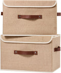 2PCS Storage Boxes with Lid Cotton Linen Fabric Storage Bins Organizer Container Decorative Collapsible Washable Shelf Closet Baskets Faux Leather Handles Home Bedroom (Linen, Large)