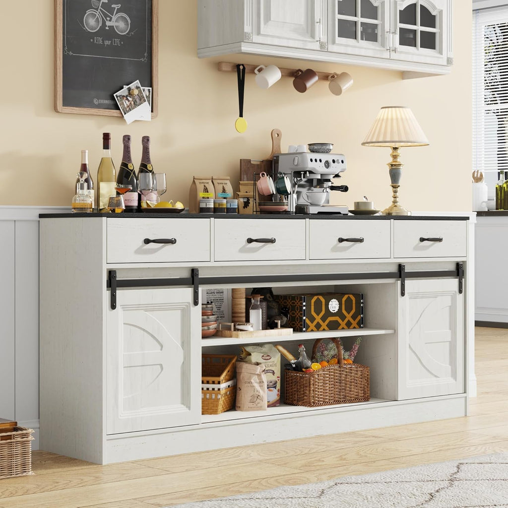 70” Large Buffet Sideboard Cabinet w/4 Drawer,Farmhouse Coffee Bar Cabinet Buffet with Storage,Sliding Door,Long Kitchen Buffet Table,Kitchen Sideboard Cabinet,Credenza for Dining Room,Off White