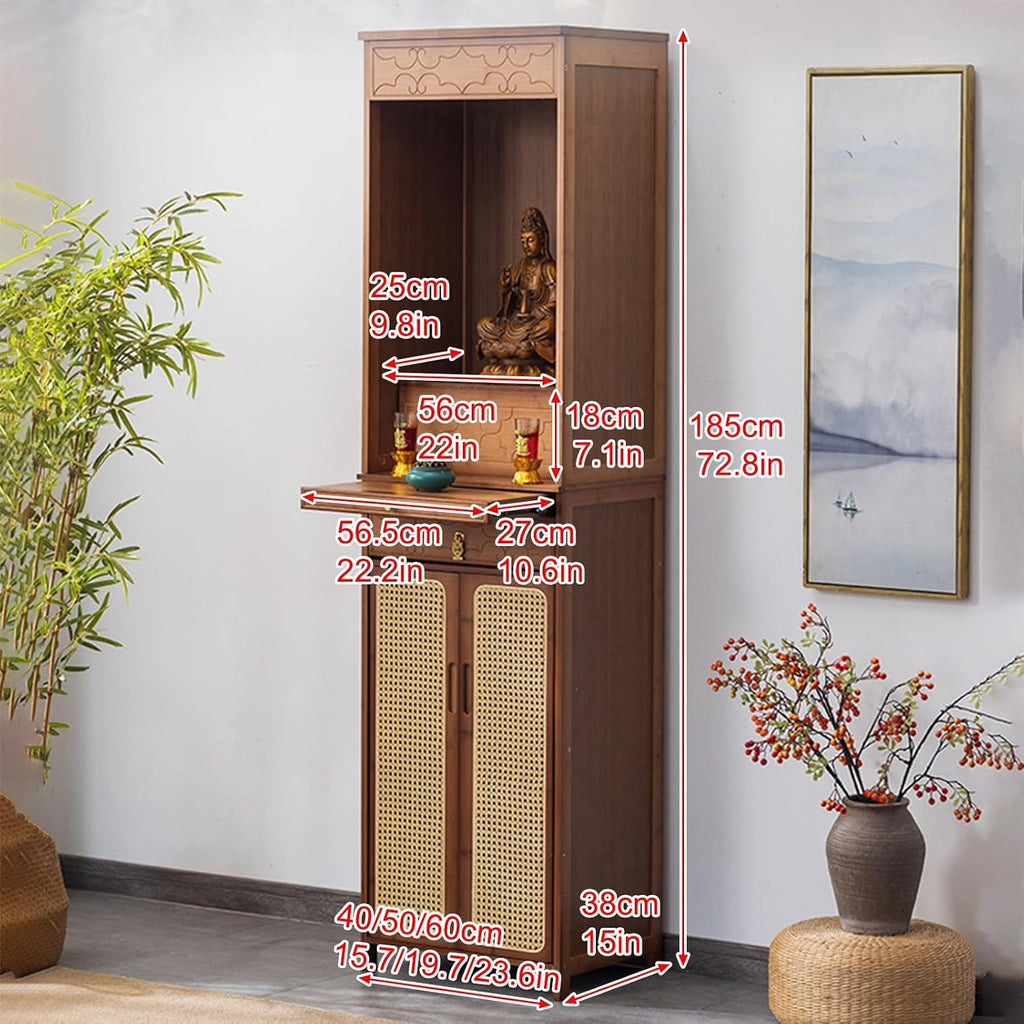 Personal Shrine Altar Table, Altar Cabinet, Meditation Table Storage Cabinet, Puja Table with Drawer, Prayer Stand Riser Home Decor, for Living Rooms, Shrines, Temples(Brown,60cm/23.6in)