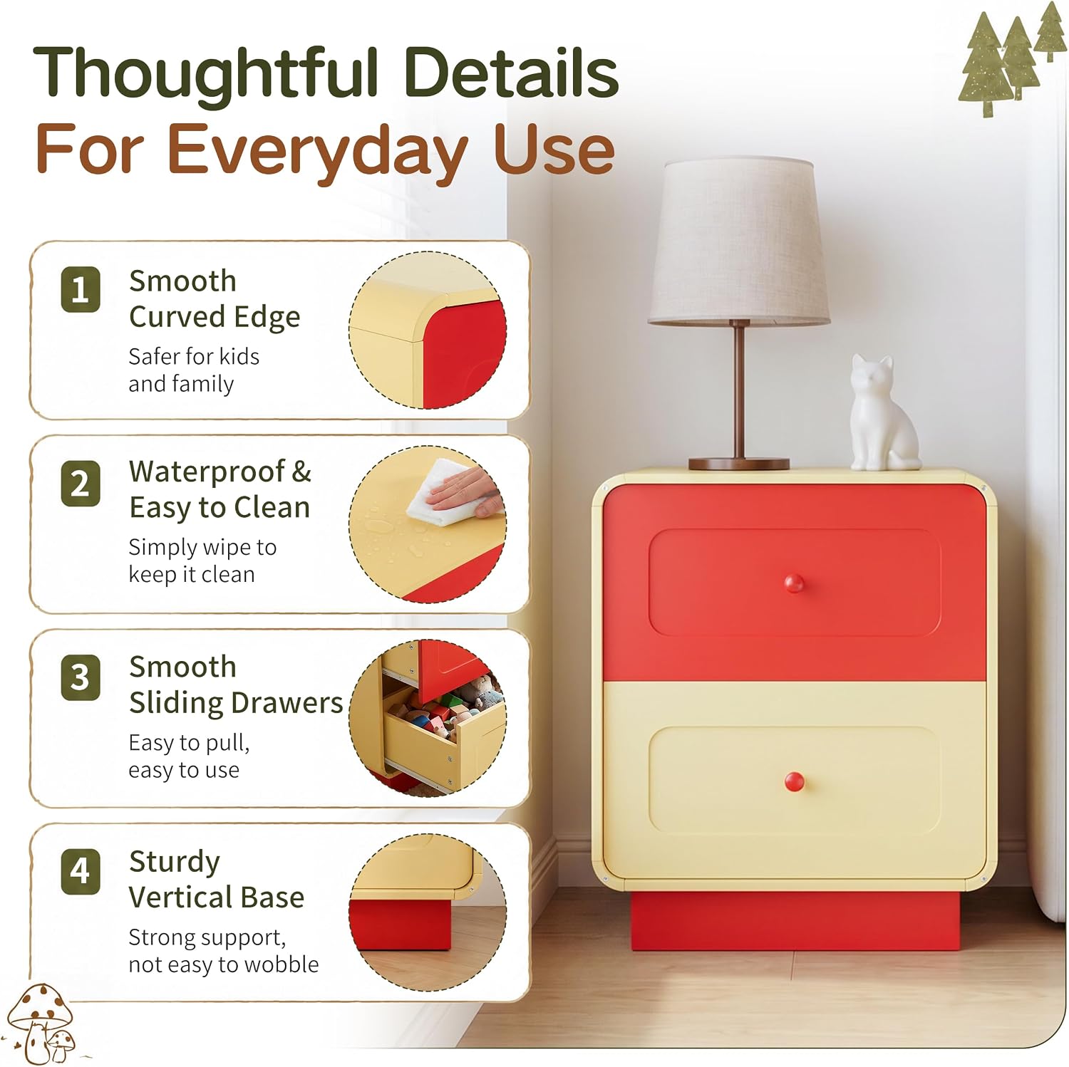 Red and Yellow Nightstand with Safe Curved Edges 2 Drawers for Kids Bedroom | ANBUY Modern Wooden Bedside Table for Toddler Room, End Table , Cute Side Table for Living Room, Nursery, Hallway