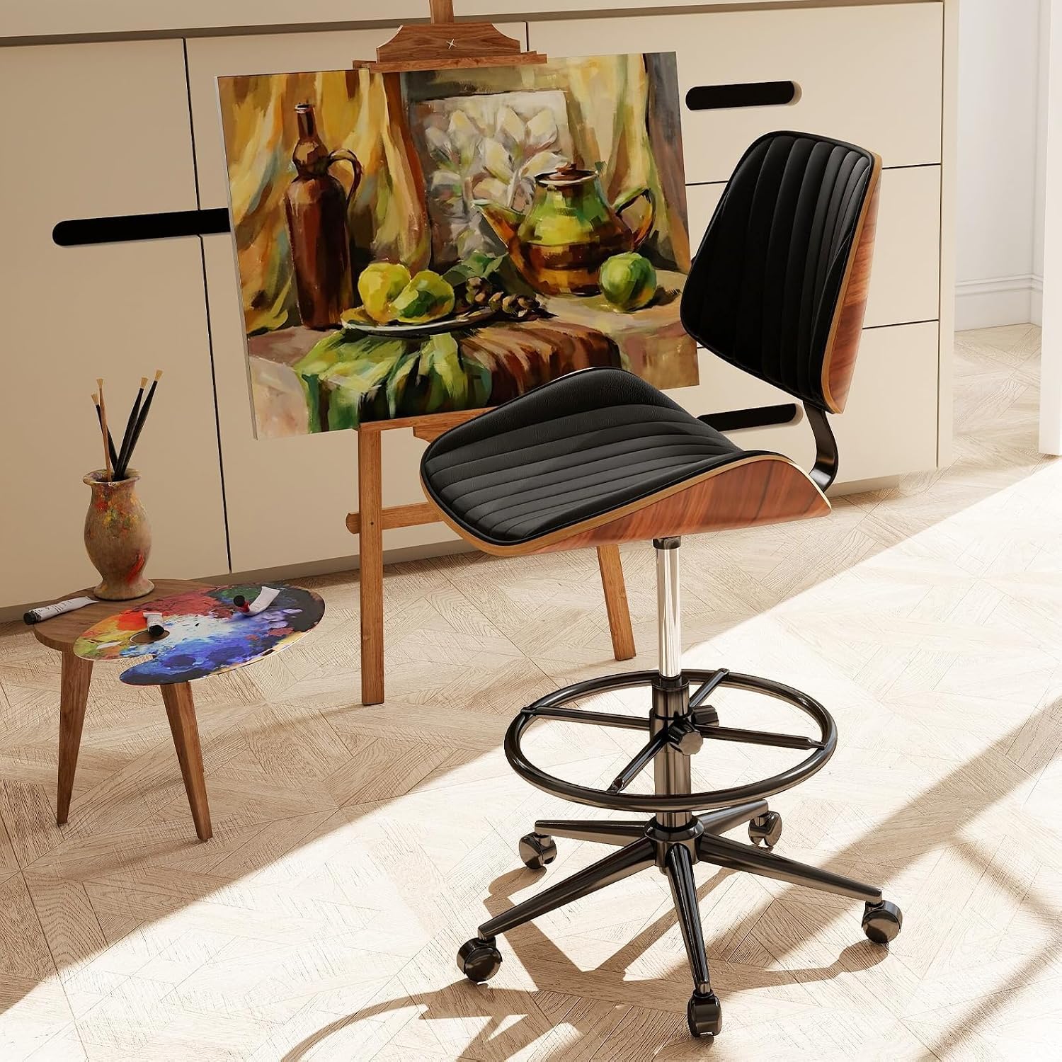 Drafting Home Office Chair, Swivel Desk Chair with Bend Wood Backrest, Ergonomic Office Chairs with Adjustable Height and Footrest Ring for Bar Lab Counter Height Desk and Drawing (Blcak)