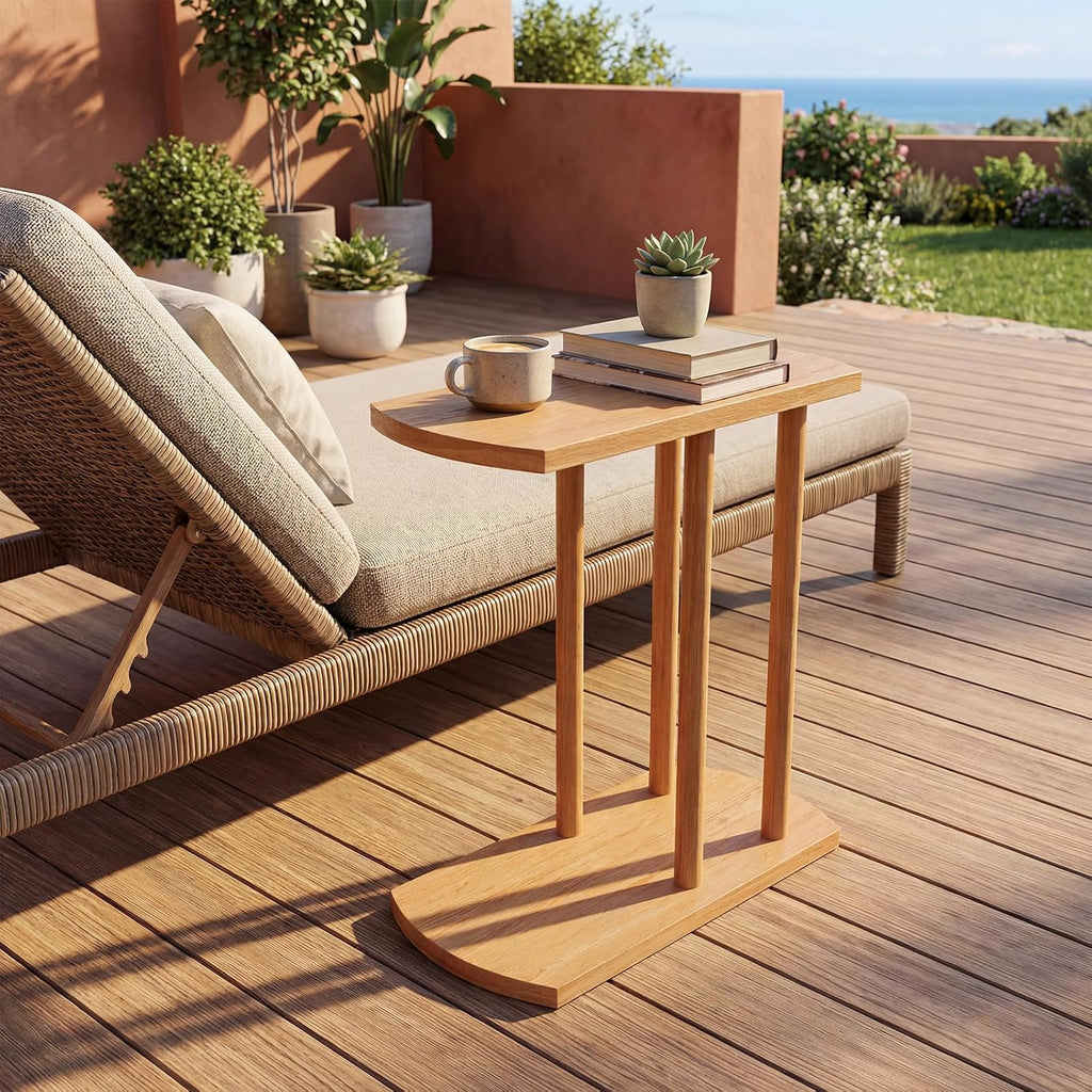 Giantex C-Shaped Teak Wood Side Table, Set of 2 Narrow 2-Tier Couch Tables that Slide Under w/Thickened Top & Sturdy Base, Wooden Sofa End TV Tray Bedside Table for Small Spaces Living Room Bedroom