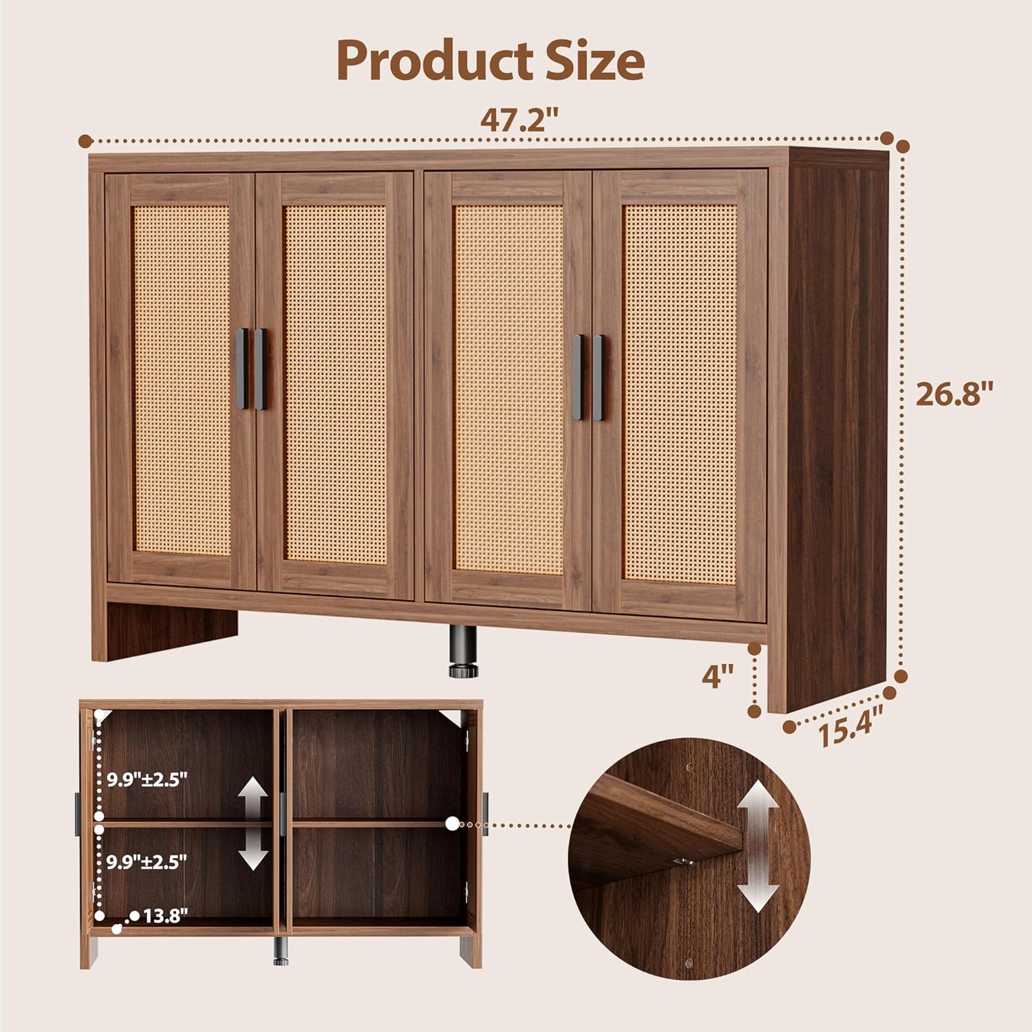 Mericonia Rattan Buffet Cabinet with Storage, Sideboard Cabinet with Doors and Adjustable Shelves, Farmhouse Coffee Bar Station Table, Modern Wood Cupboard for Kitchen, Livingroom, Walnut