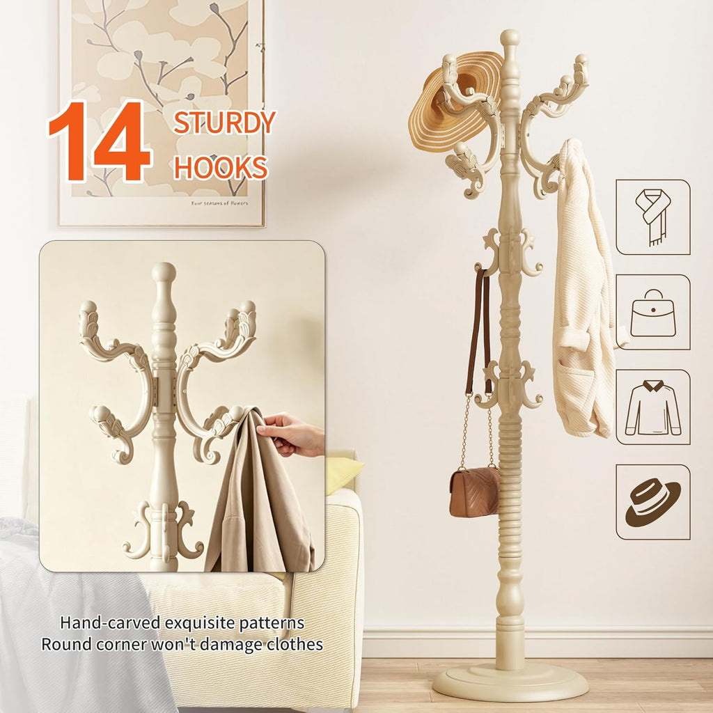 Wood Coat Rack Stand Wooden Coat Rack Freestanding,White | Hall Coat Tree with Sturdy Round Base 14 Hooks for Hat Bag Purses Vintage Coat Tree Hanger Stand for Entryway Hallway Bedroom