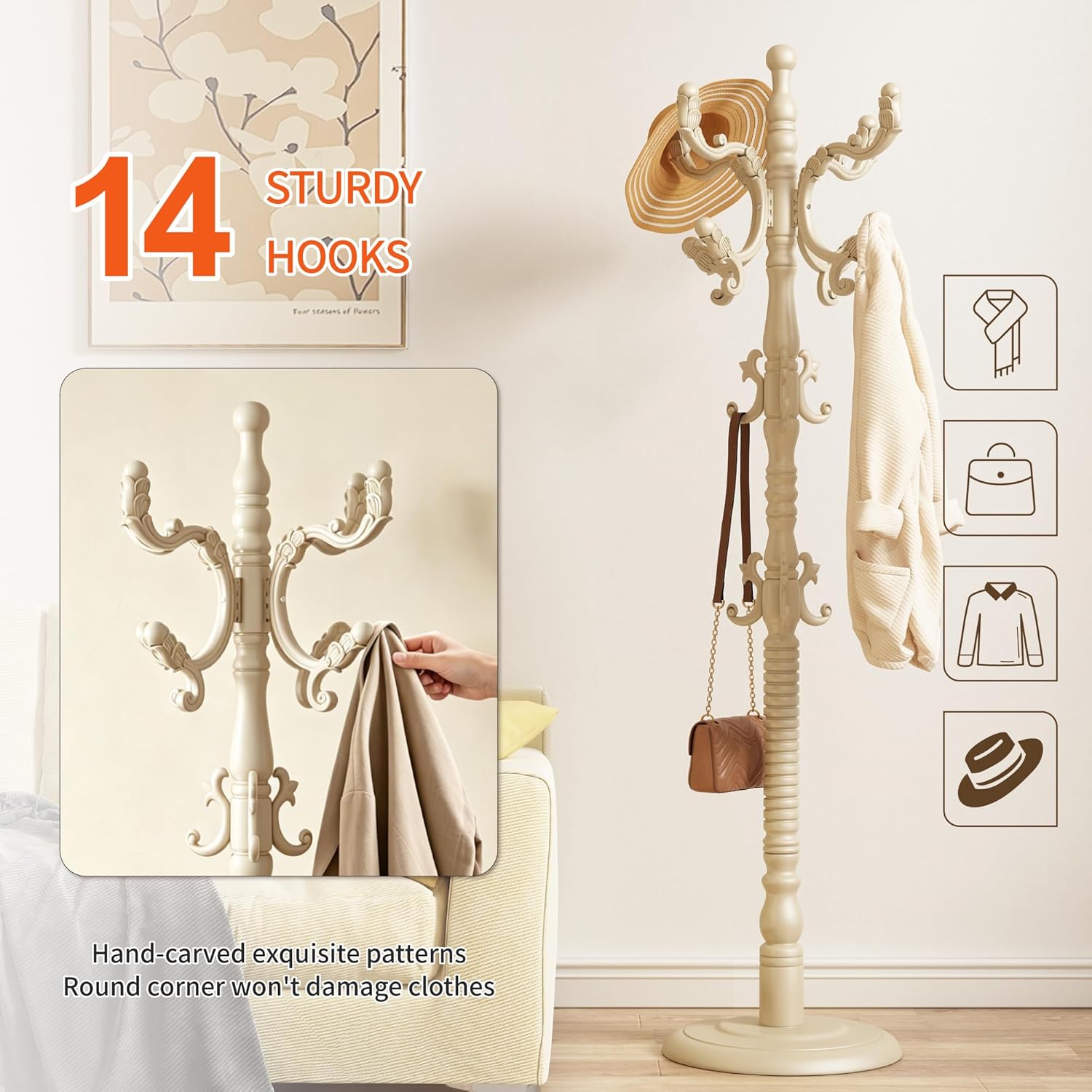Wood Coat Rack Stand Wooden Coat Rack Freestanding,White | Hall Coat Tree with Sturdy Round Base 14 Hooks for Hat Bag Purses Vintage Coat Tree Hanger Stand for Entryway Hallway Bedroom