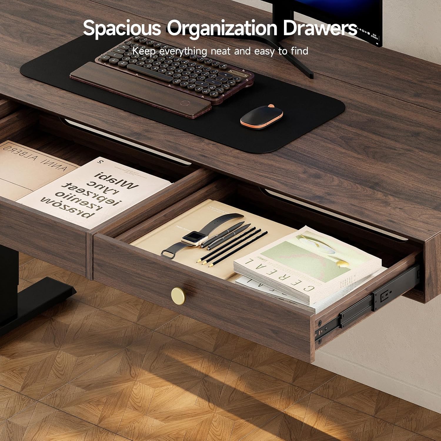 Electric Standing Desk with 3 Drawers, 63 x 24 Inch Height Adjustable Stand up Desk with Storage and Widened Legs, Retro Home Office Desks with Memory Controller for Computer Workstation, Walnut