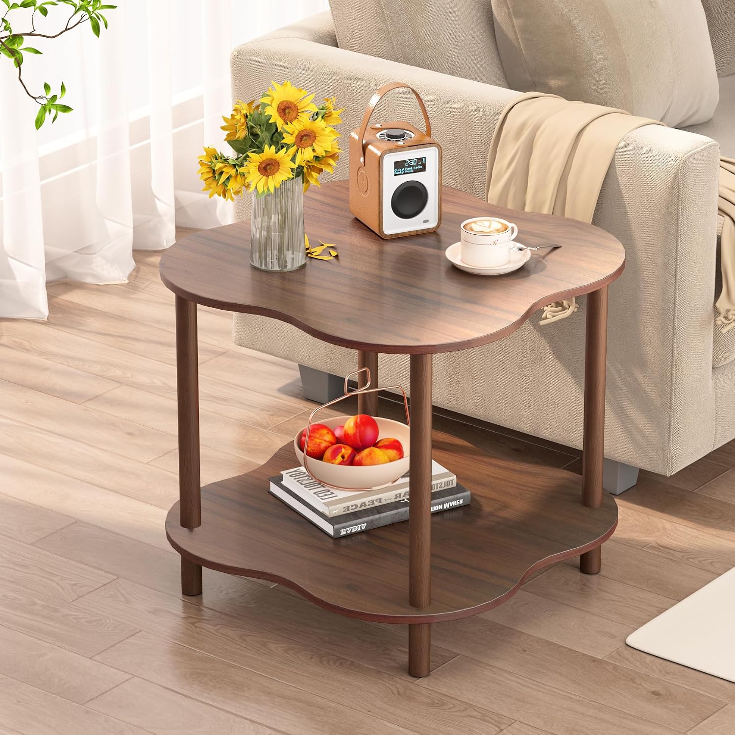 Flower Shape End Table - 2-Tier Walnut Wood Color Coffee Tables, Modern Wooden Sofa Side Table Open Storage, Easy Assembly Tea Table for Living Room Home Cafe, 23.6’’W x23.6’’Dx20.9’’H