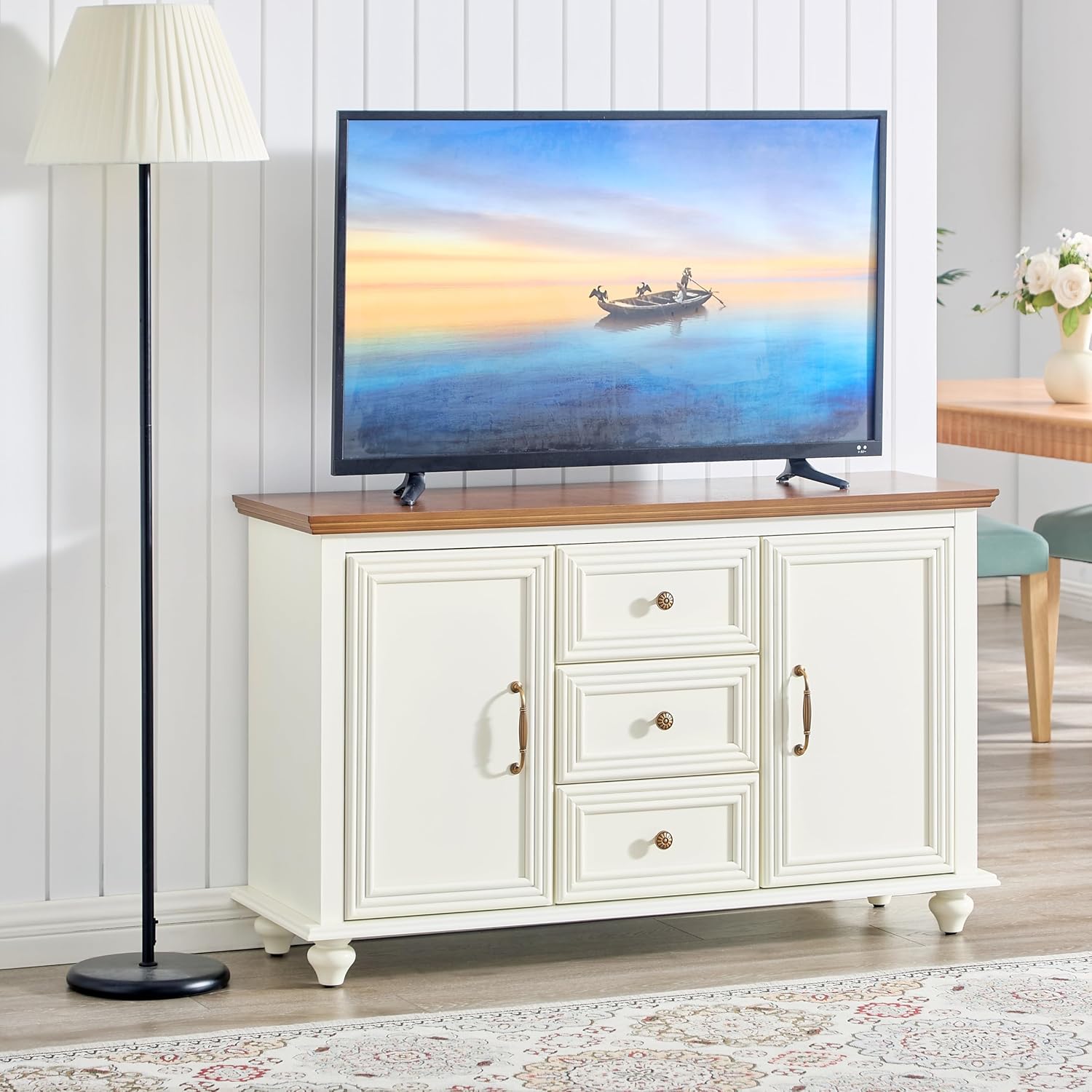 LKTART 47" Wood Sideboard Buffet Cabinet with Storage,Traditional Media Console with 2 Doors & 3 Drawers,Adjustable Shelves Credenza with Solid Wood Legs for Kitchen,Living Room,Brown+White