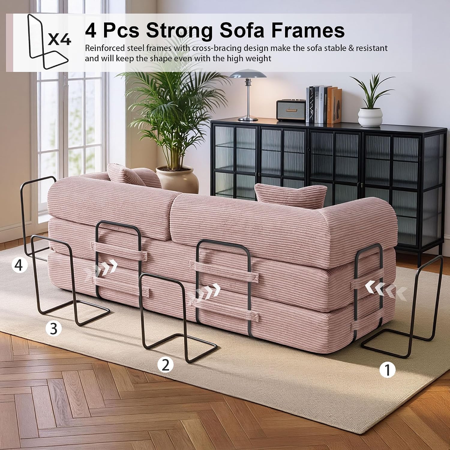 JJJ 63 inch Sofa Bed 4-in-1 Boneless Convertible Corduroy Sleeper Folding Couch with Fixed-Shape Frame and 2 Futons No Assemble Required 3 Seater Upholstered for Living Room (Pink, 63 inch)