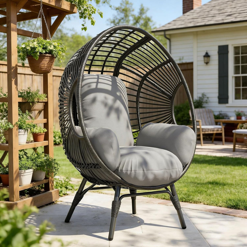 Egg Chair Outdoor Indoor Wicker, 400lbs Capacity, 8-Inch Cushion, Easy-Maintenance Cover Balcony Chairs(Black+Gray)
