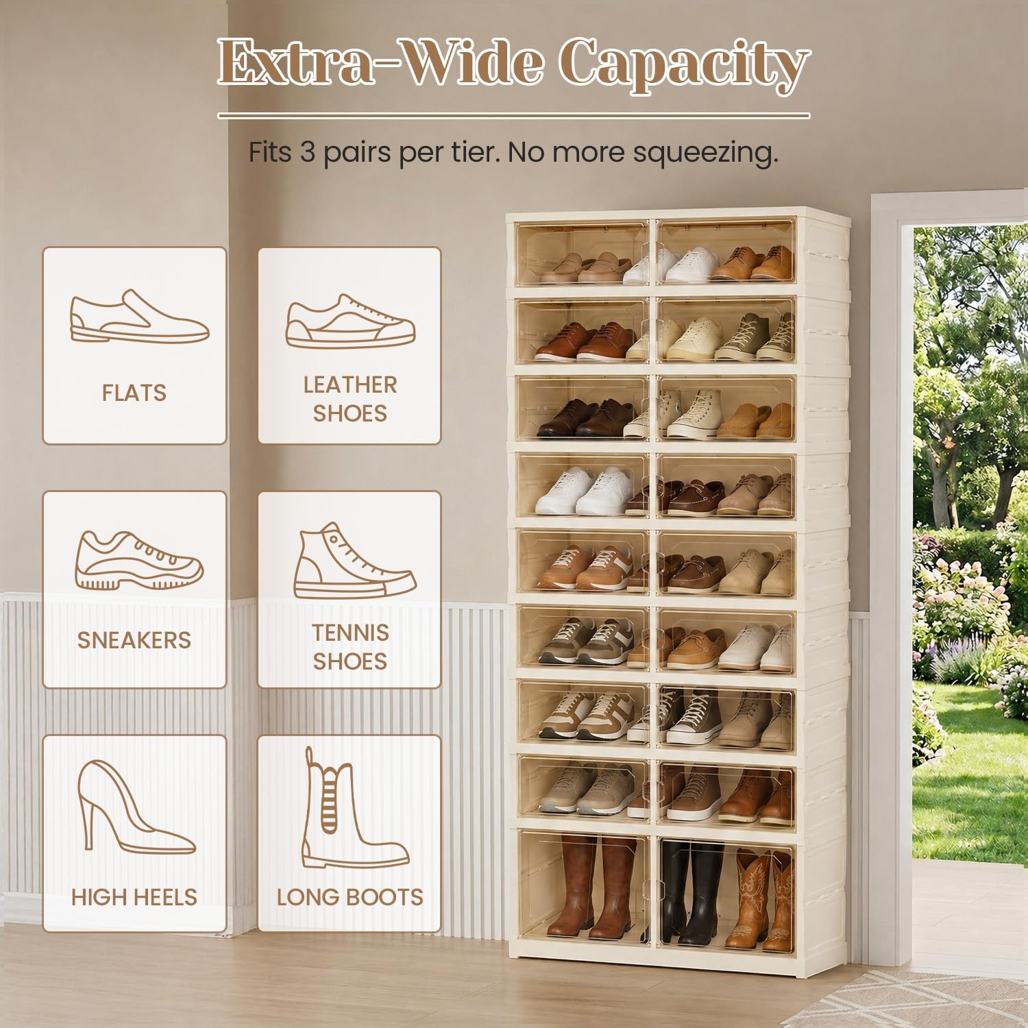 Foldable Shoe Rack with Doors, Stackable Plastic Shoe Organizer, Large Clear Shoe Storage Boxes for Closet and Entryway, Portable Collapsible Shoe Cabinet 9 Tiers, 27Pairs