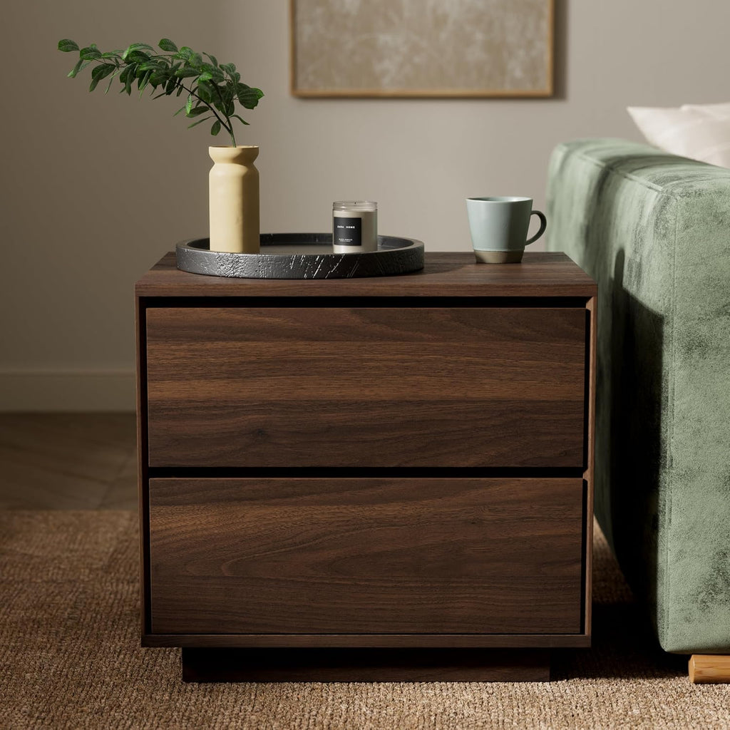 Mid Century Modern End Table with 2 Drawers, Wooden Nightstand Bed Side Table with Storage Bedside Night Stand for Bedroom Living Room Sofa, Brown