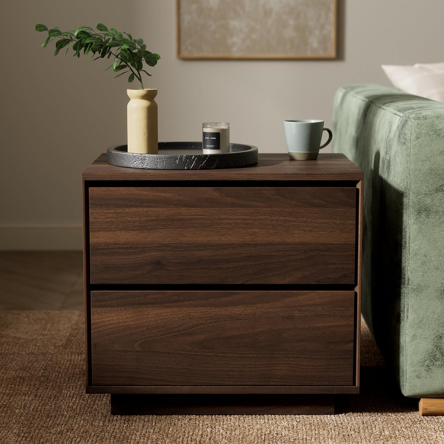 Mid Century Modern End Table with 2 Drawers, Wooden Nightstand Bed Side Table with Storage Bedside Night Stand for Bedroom Living Room Sofa, Brown