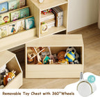EXPERLAM Solid Wood Kids Bookshelf and Toy Storage Organizer, 3-in-1 Montessori Bookcase with Storage Cubbies and 2 Rolling Toy Bins, Toddler Bookshelf for Kids Room, Playroom, Nursery