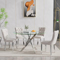 Modern 5 Piece Glass Dining Table Set, 47.2" Round Dining Table Set for 4, Glass Dining Room Kitchen Table with X-Shape Silver Metal Leg & 4pcs Beige Dining Chairs, Modern Circle Glass Dining Set